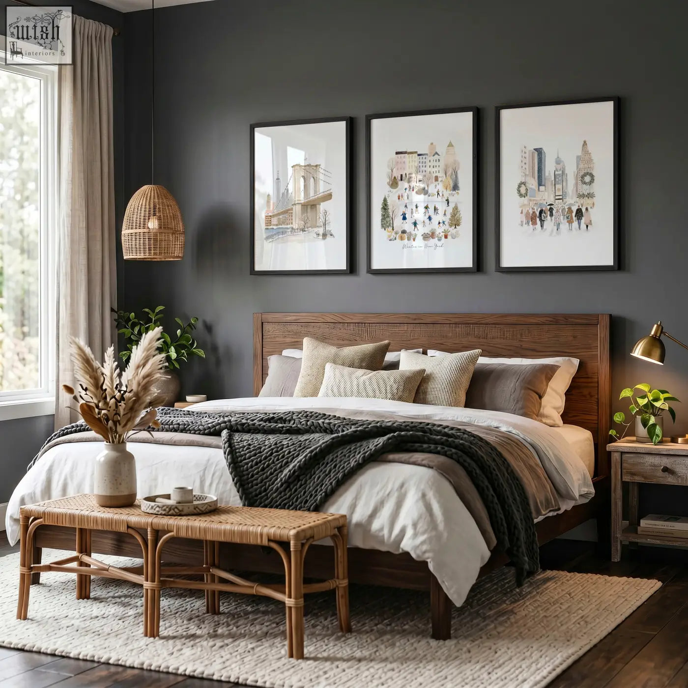 Cozy wooden bed with dark brown headboard and beige gray bedding featured with winter in new york master bedroom art wall art prints