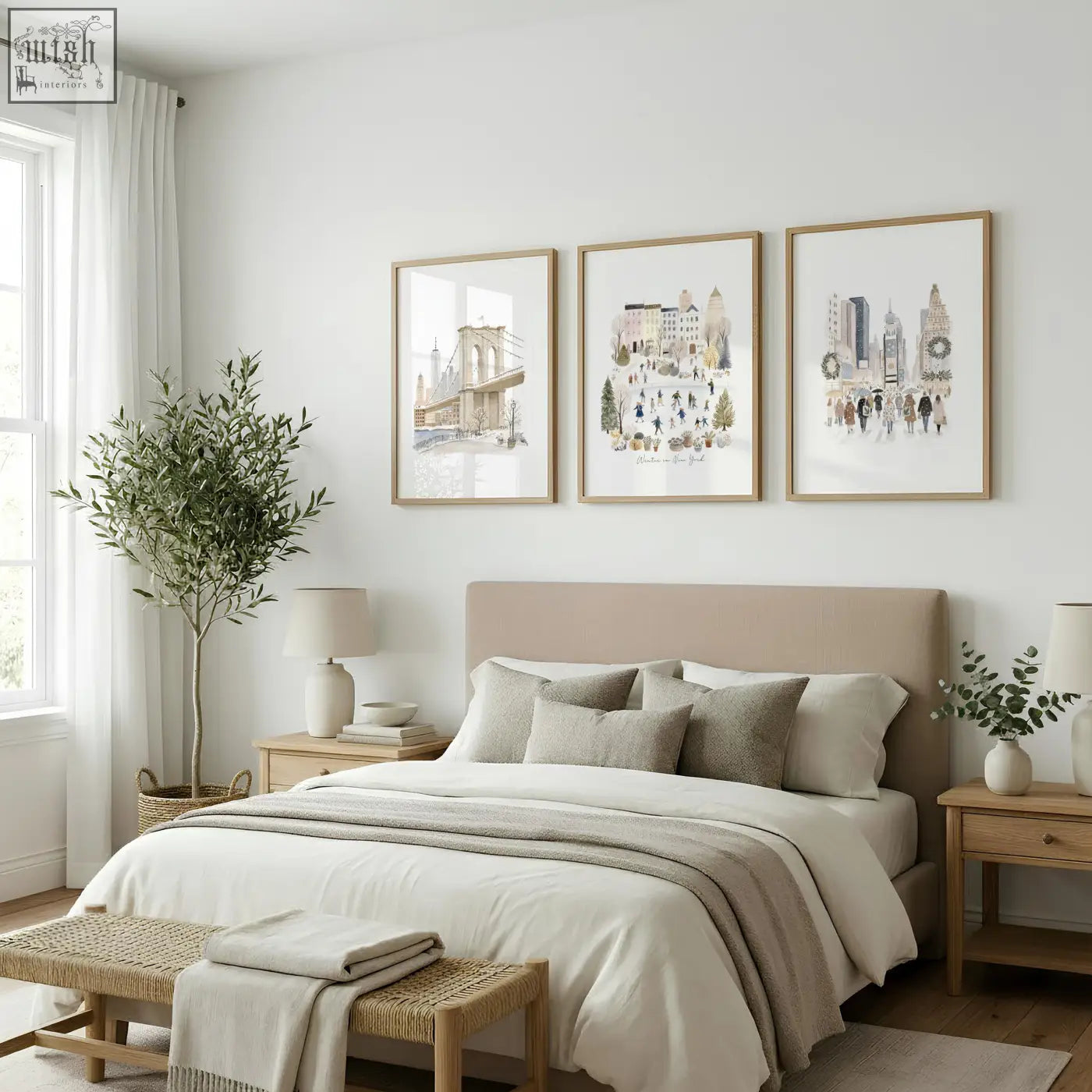 Beige upholstered bed with matching pillows and neutral throw below winter in new york master bedroom art wall art prints
