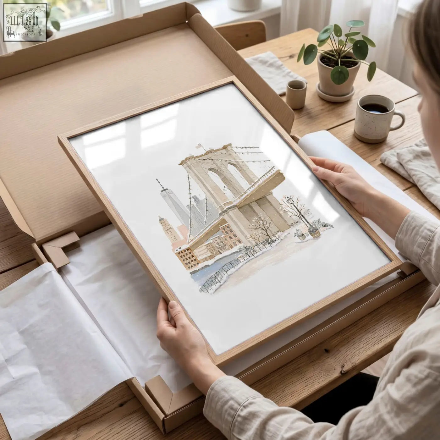 Framed watercolor wall art print of the brooklyn bridge in a light wood frame perfect for master bedroom art