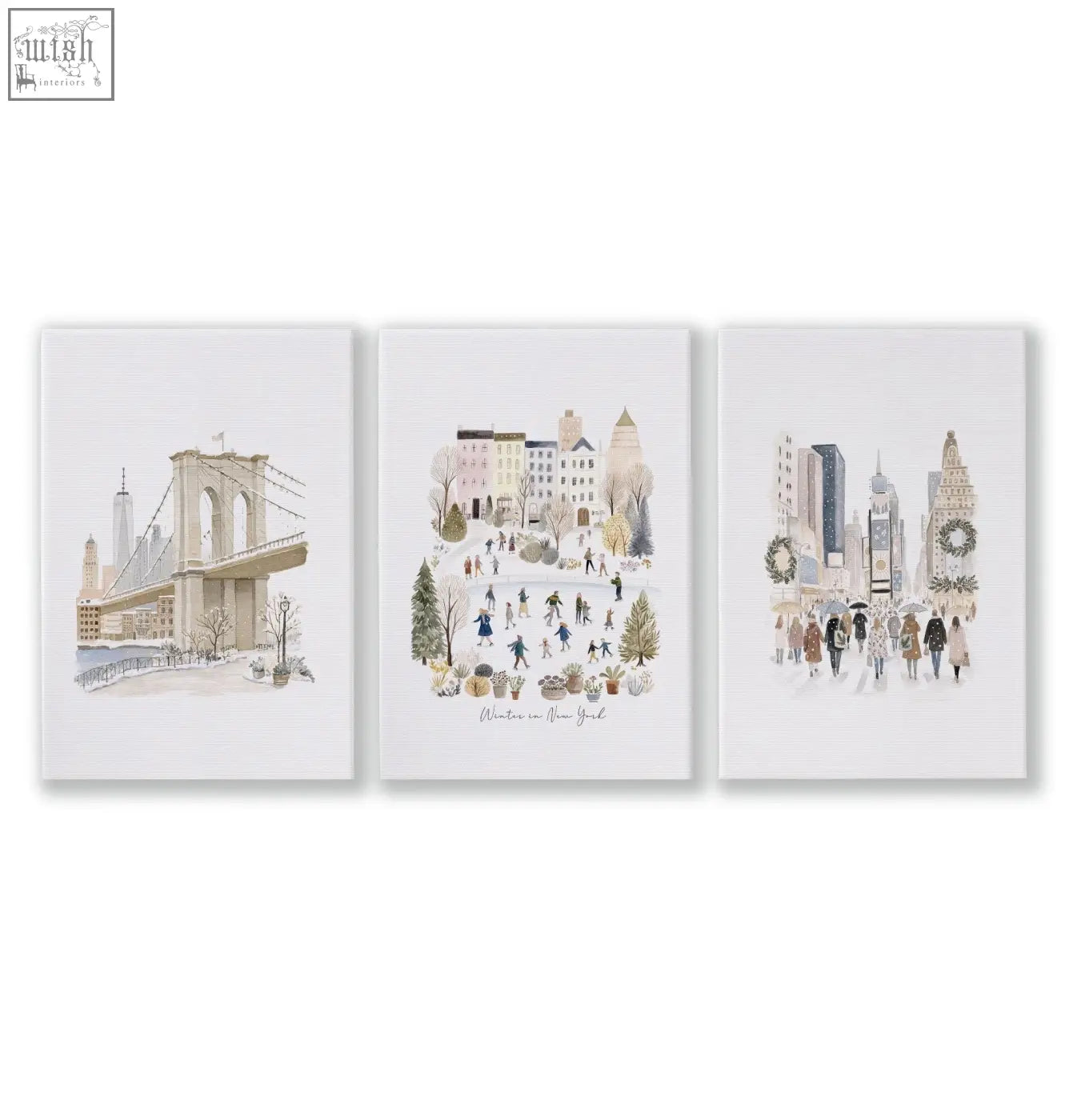 Set of three watercolor-style wall art prints featuring winter new york city scenes for master bedroom art above bed