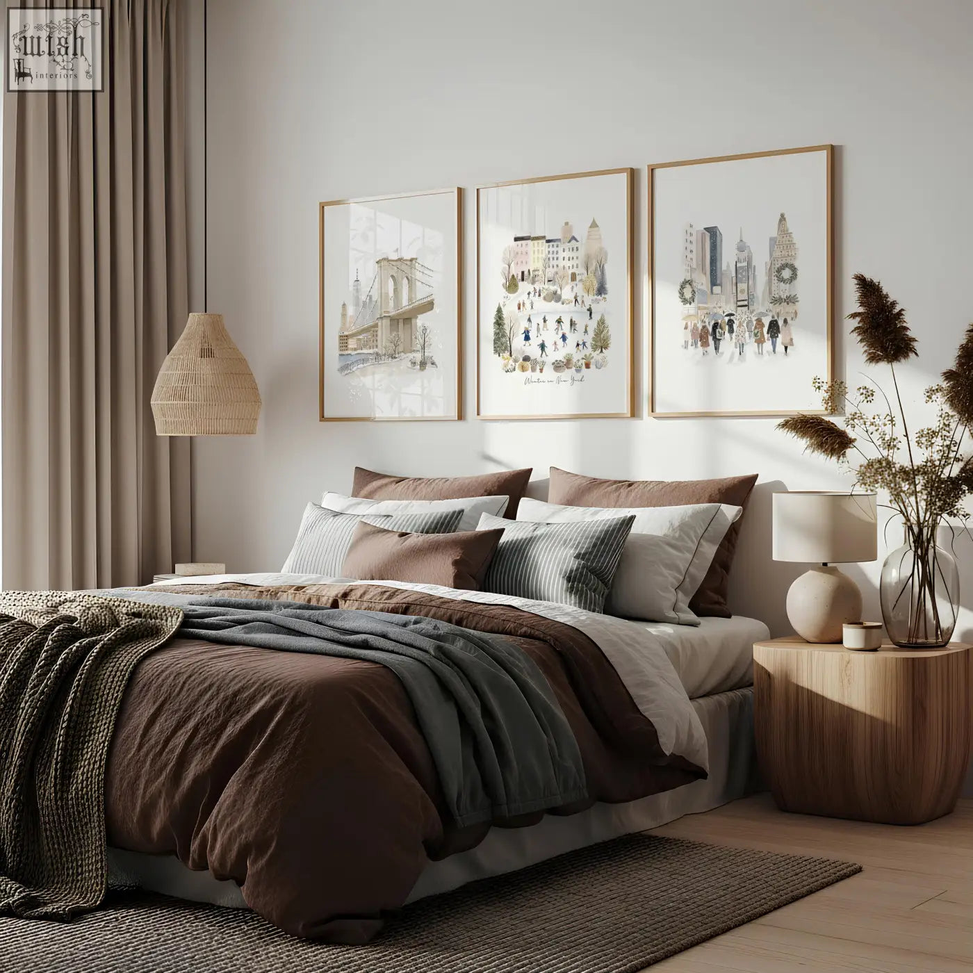Cozy brown and gray layered bedding with textured knit throw paired with winter in new york master bedroom wall art prints