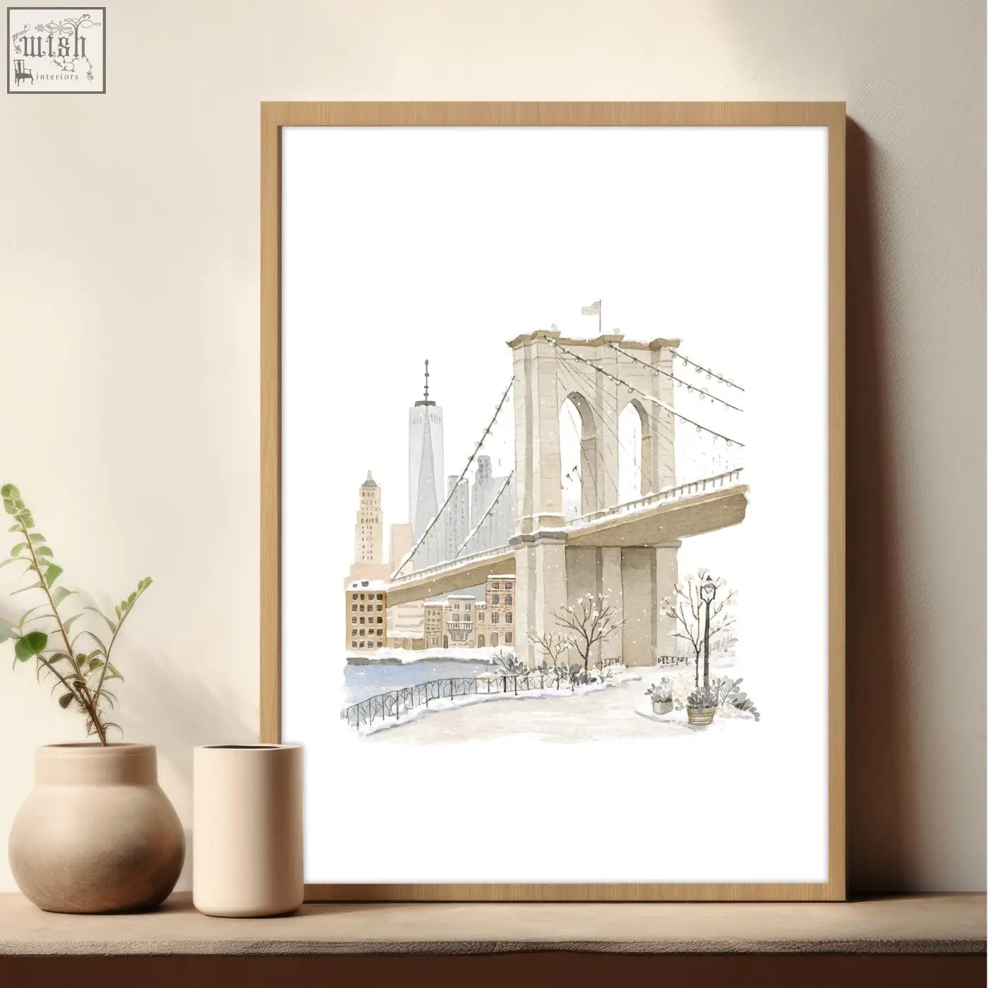 A framed watercolor wall art print of the brooklyn bridge in a light wood frame perfect for master bedroom art