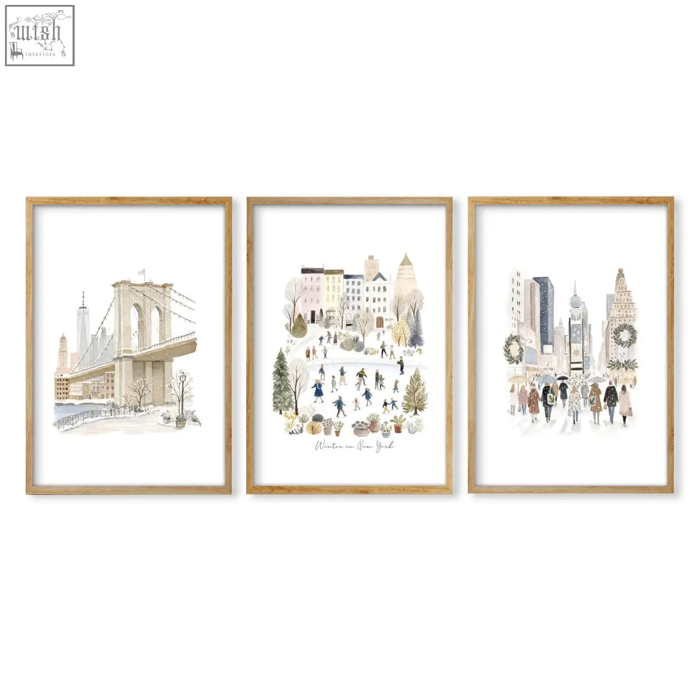 Set of three framed watercolor wall art prints in soft muted tones for master bedroom art above bed winter new york