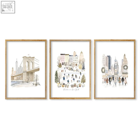 Set of three framed watercolor wall art prints in soft muted tones for master bedroom art above bed winter new york