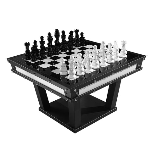 Glossy ornate black and white archtwain masterpiece chess pieces on a reflective checkered chess table on a modern black table