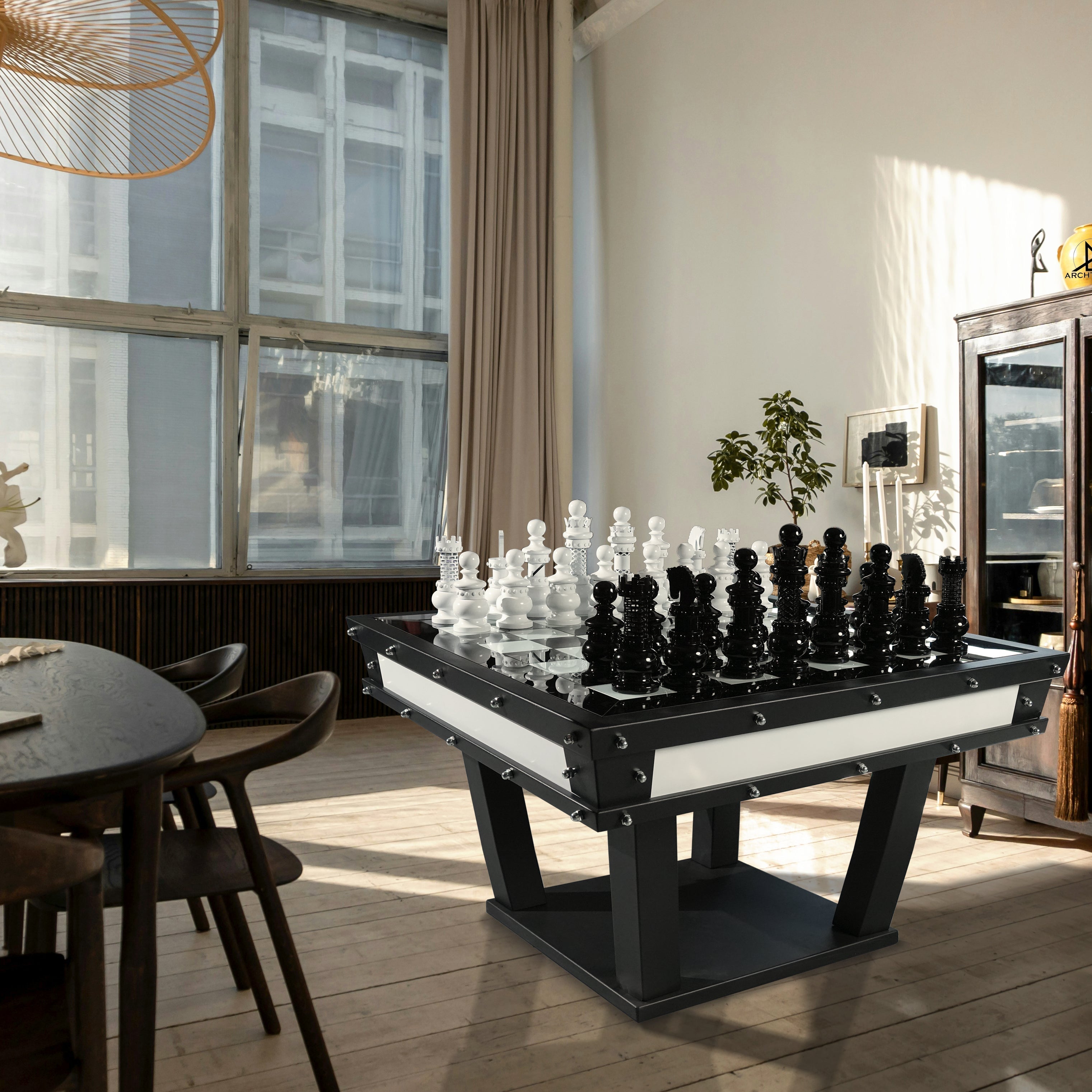 Black and white masterpiece chess table with glossy finish and sleek angular legs for modern play by archtwain masterpiece chess