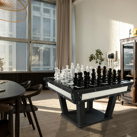 Black and white masterpiece chess table with glossy finish and sleek angular legs for modern play by archtwain masterpiece chess
