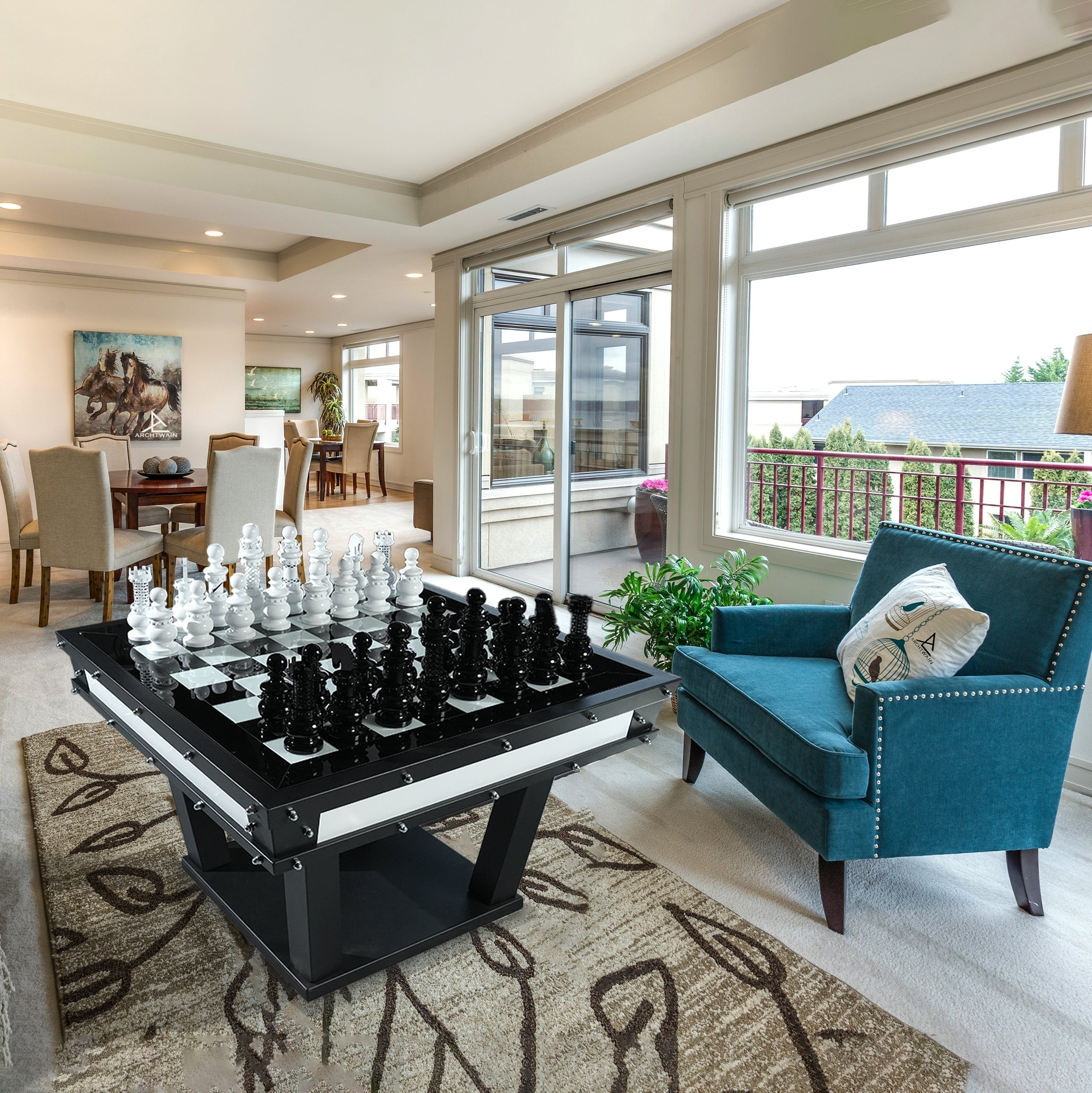 Black and white archtwain masterpiece chess set on sleek modern metallic accented chess table