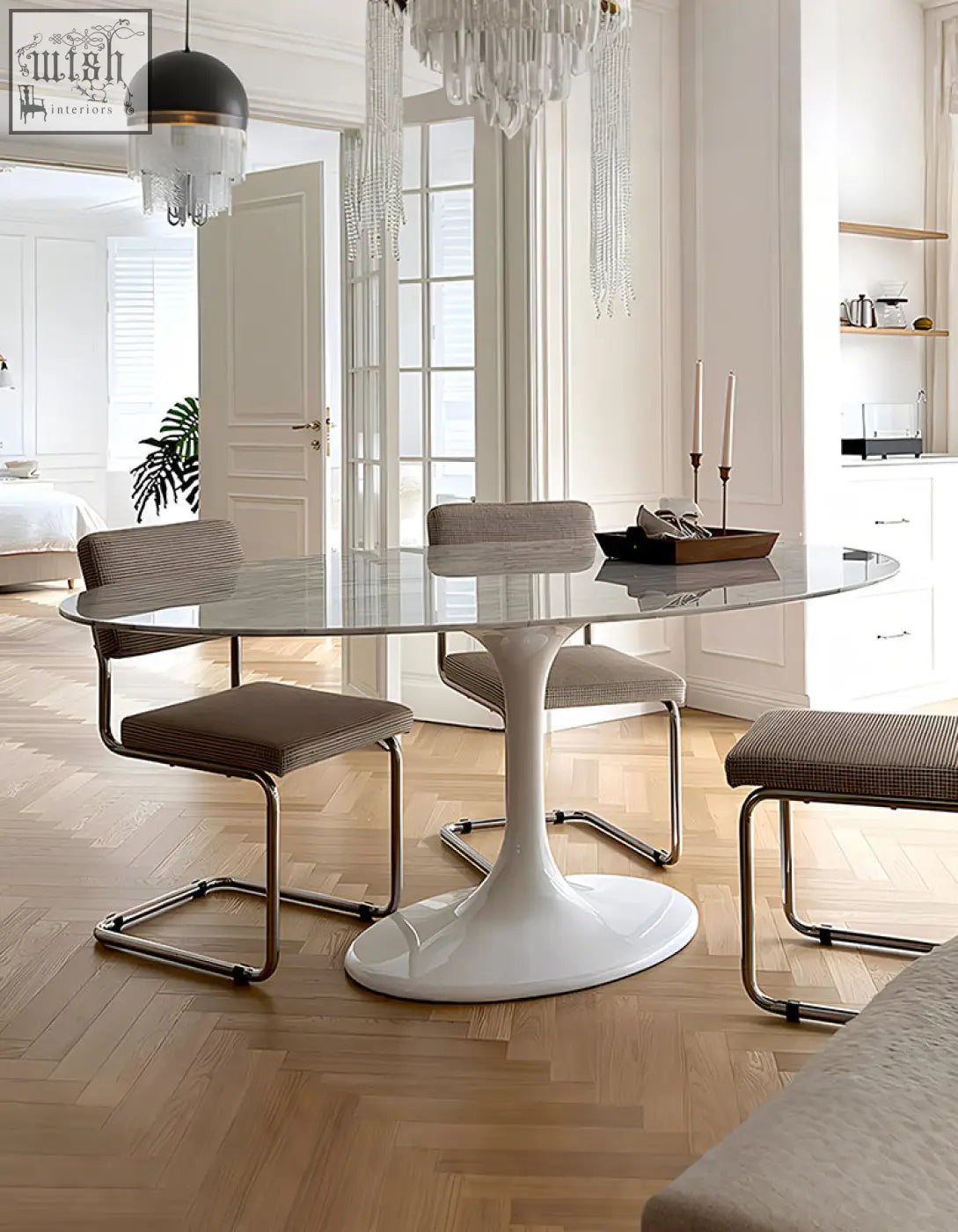 White glass-top masuda oval dining table with sleek sculptural pedestal base perfect for stylish oval dining