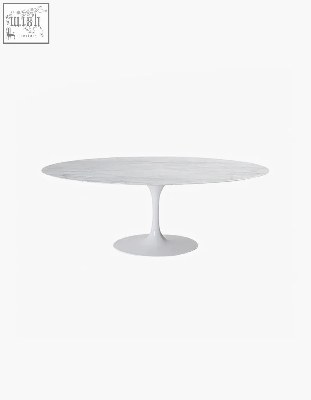 Masuda oval dining table with white marble top and sleek sculpted pedestal base perfect for oval dining spaces