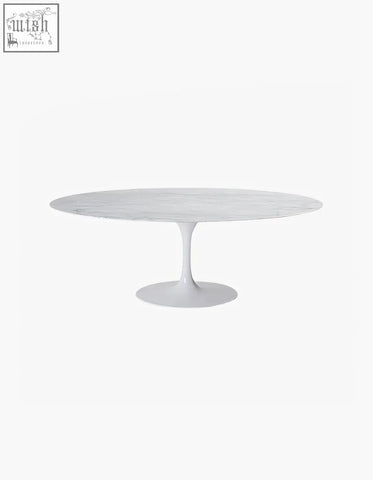 Masuda oval dining table with white marble top and sleek sculpted pedestal base perfect for oval dining spaces