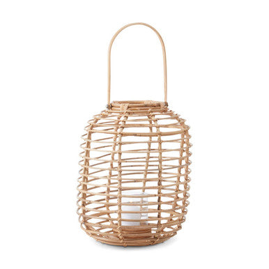 Mataram tall natural rattan lantern with a curved handle and interior candle holder in natural woven rattan