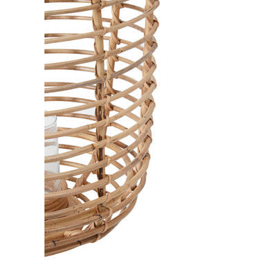 Mataram tall natural rattan lantern with a cylindrical shape and natural woven interlaced pattern