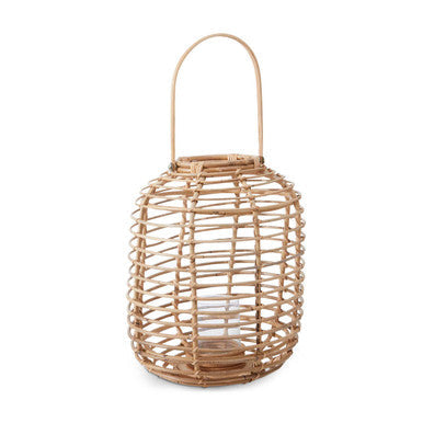 Mataram tall natural rattan lantern with curved handle made of natural woven rattan for stylish lighting