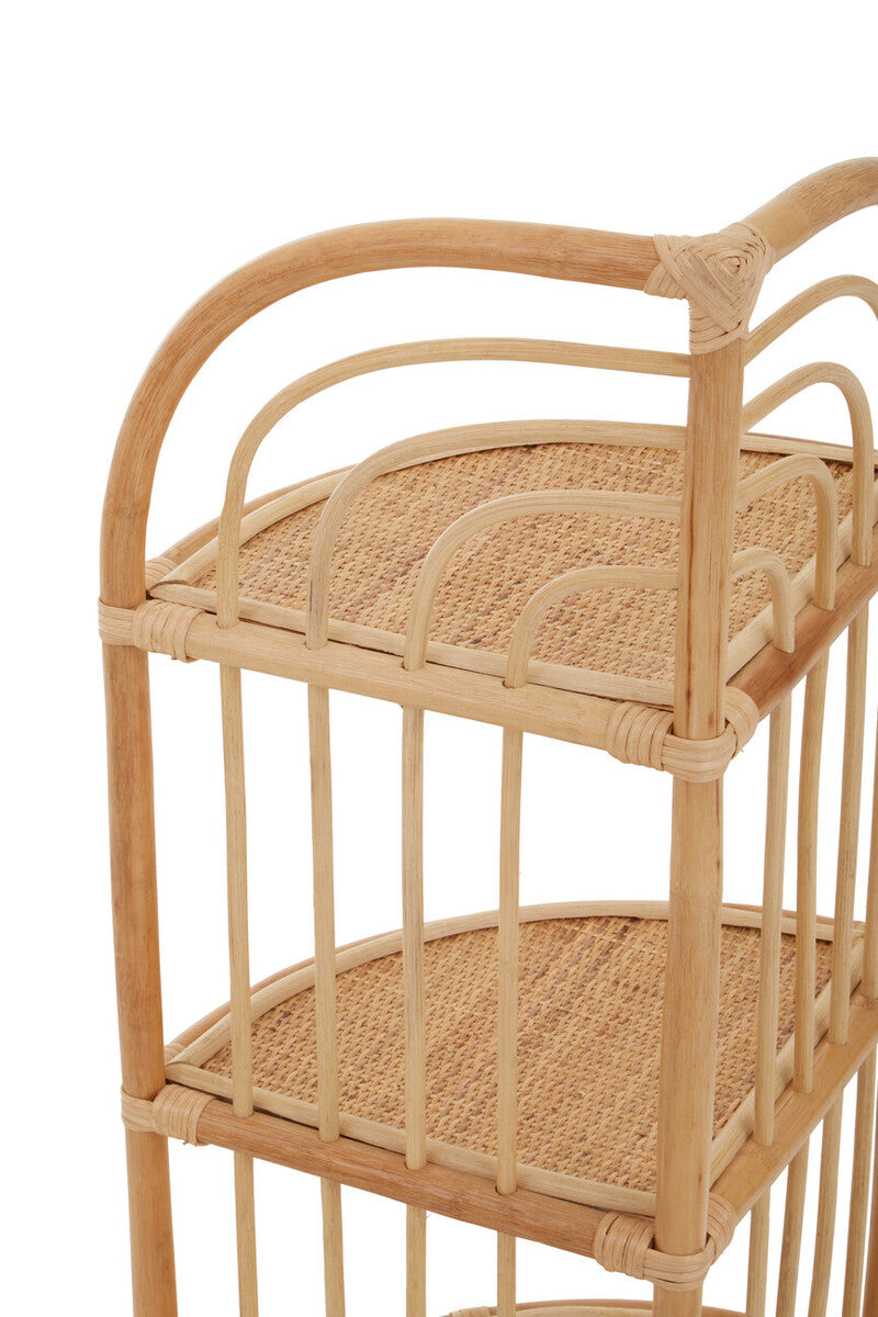 Mataram three tier natural rattan corner shelf unit with natural-toned curved wooden frame and woven cane shelves
