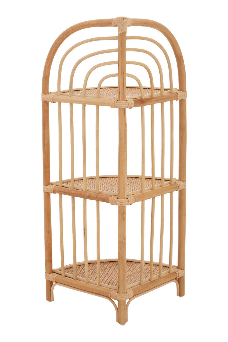 Mataram three tier natural rattan corner shelf unit with woven cane base and arched top frame in natural tones