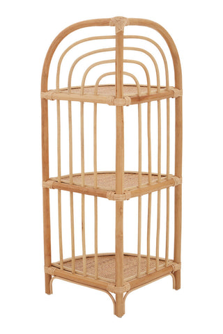 Mataram three tier natural rattan corner shelf unit with woven cane base and arched top frame in natural tones