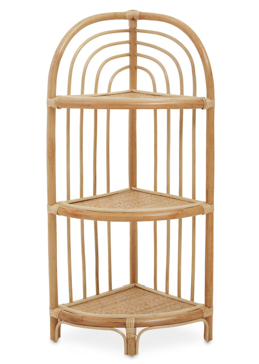 Mataram three tier natural rattan corner shelf unit with woven cane surfaces in natural tones for stylish storage