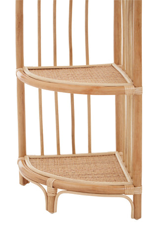 Light-colored mataram three tier natural rattan corner shelf with two curved woven tiers for stylish storage