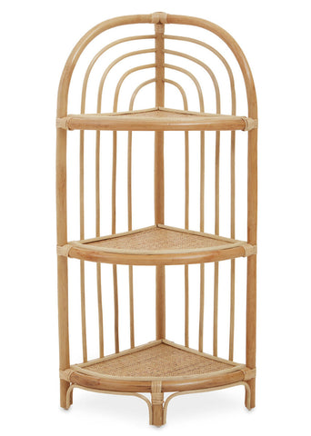Mataram three tier natural rattan corner shelf unit with woven cane surfaces in natural tones for stylish storage