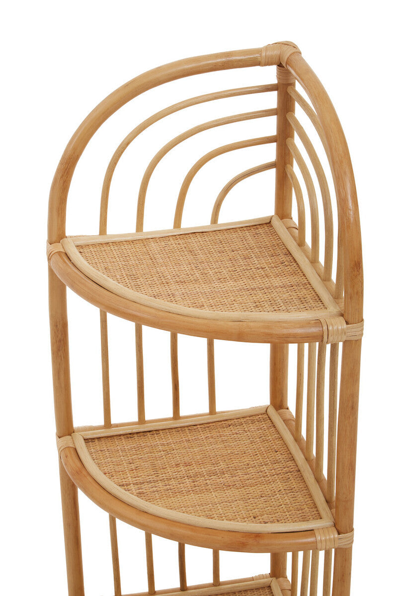Curved bamboo mataram three tier corner shelf with two woven rattan tier natural surfaces in natural finish