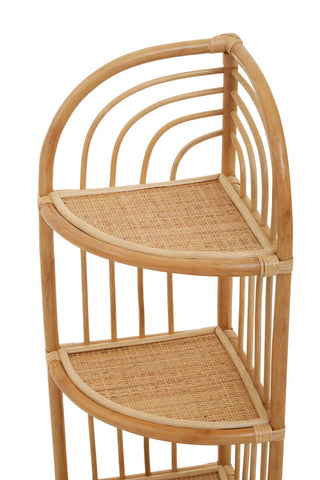Curved bamboo mataram three tier corner shelf with two woven rattan tier natural surfaces in natural finish