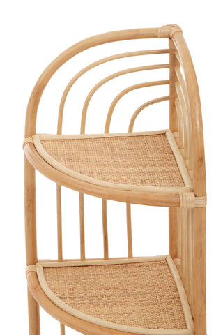 Natural-toned mataram three tier corner shelf with two curved woven tier natural rattan shelves