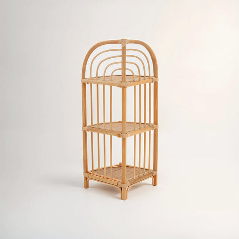 Mataram three tier natural beige rattan corner shelf unit with woven cane tiers and arched top frames