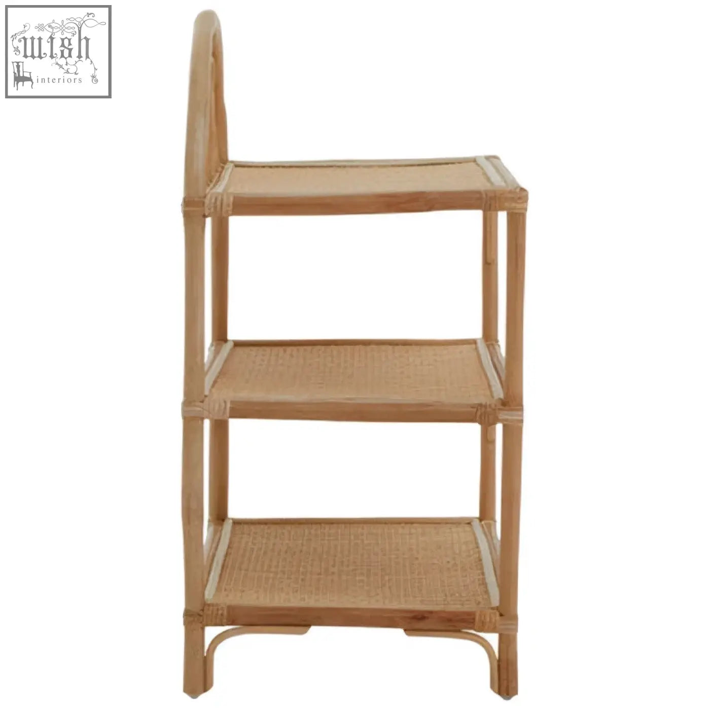 Mataram three tier natural rattan shelf unit with three woven tiers and a curved backrest in natural tones