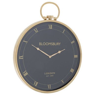 Gold-toned pocket watch design with dark gray face roman numerals bloomsbury london est large wall clock