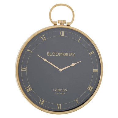 Mateo pocket watch design large wall clock with sleek round dark gray face and gold roman numerals and frame