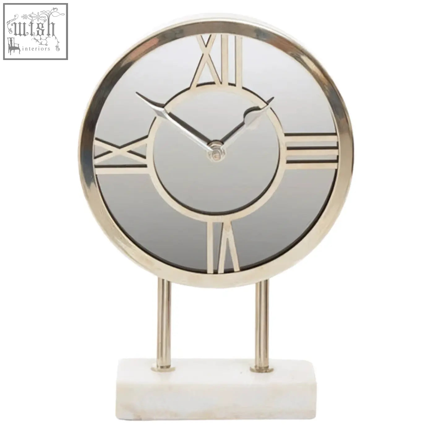 Silver-framed clock with roman numerals on white marble base features a sleek white marble base design