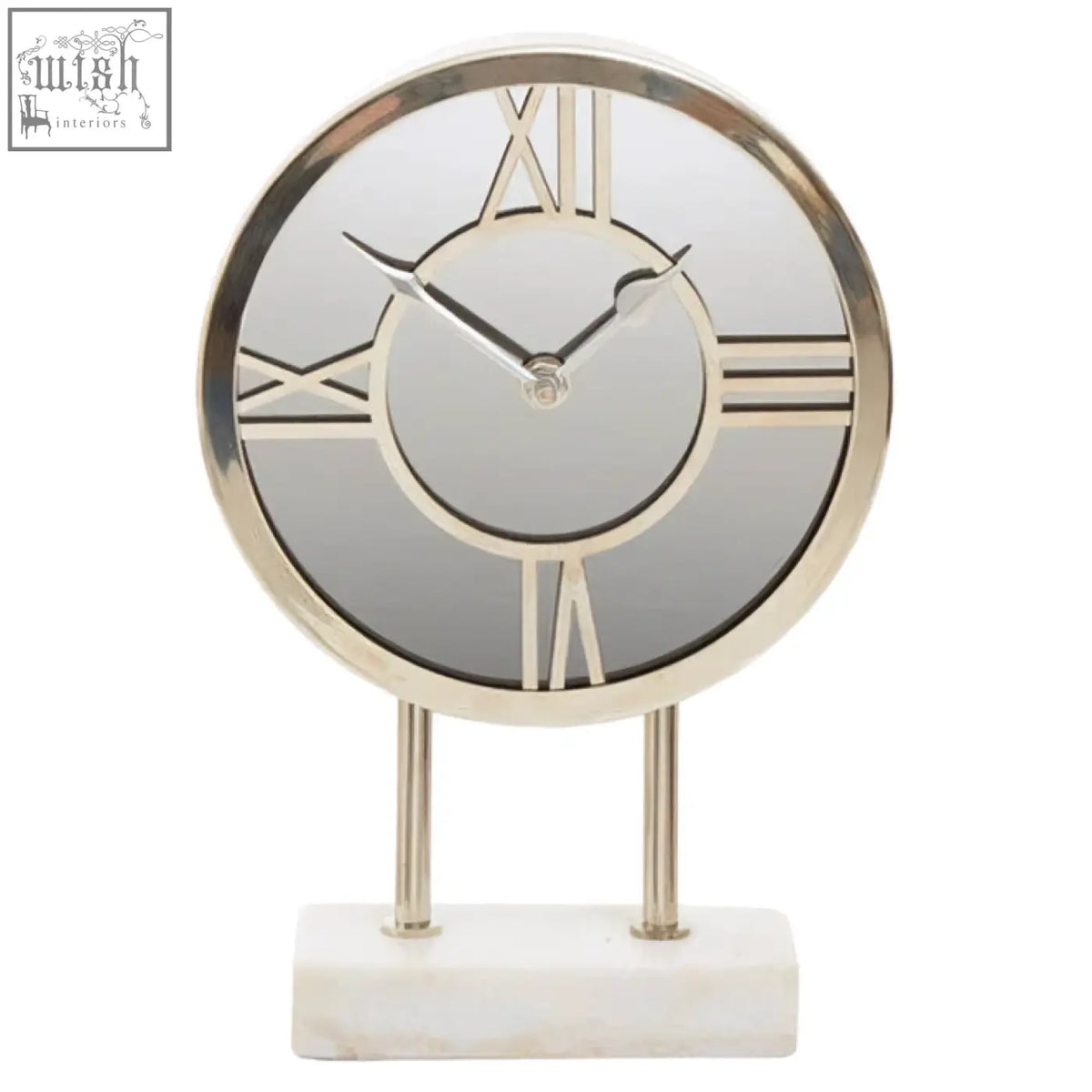 Silver-framed clock with roman numerals on white marble base features a sleek white marble base design