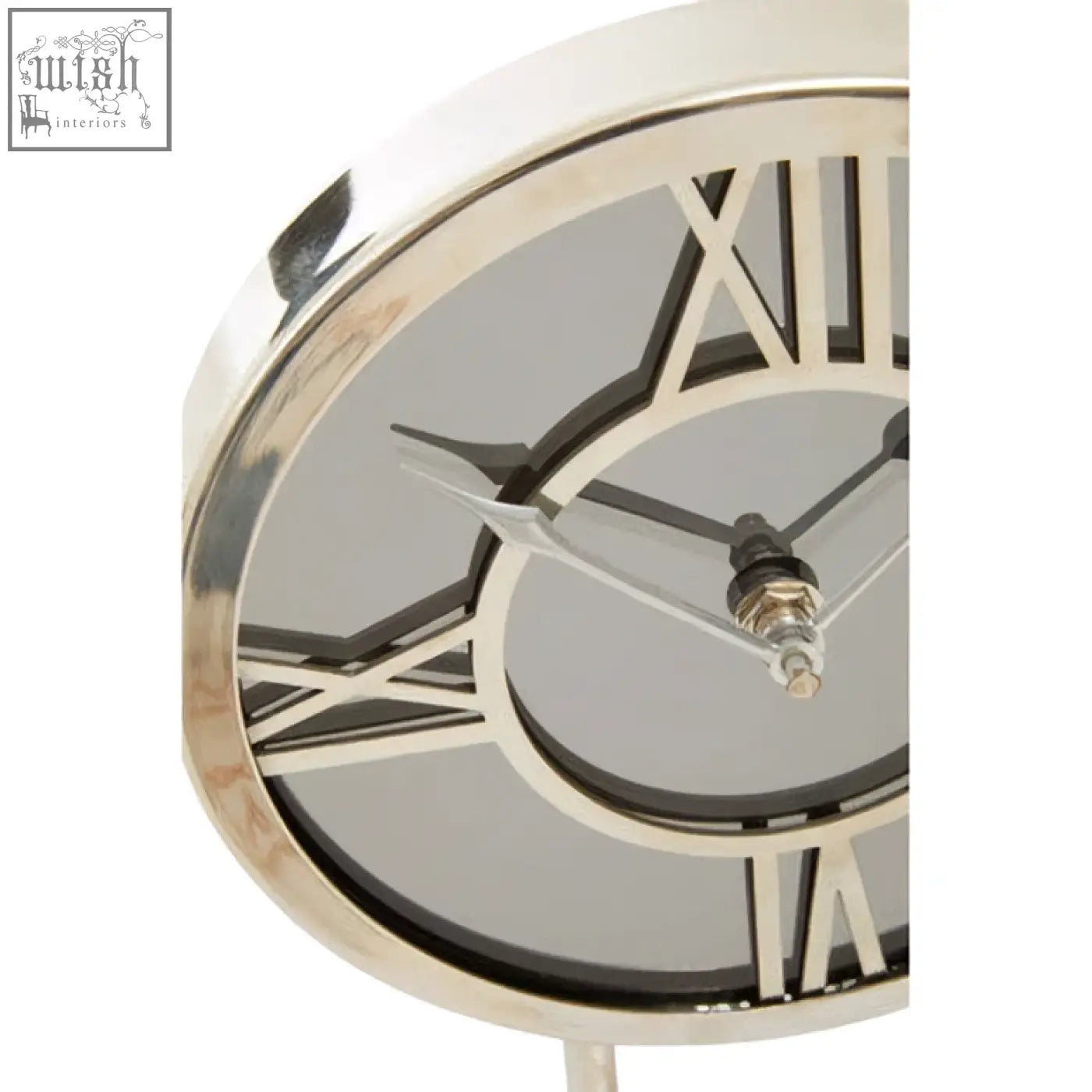 Silver-framed wall clock with mirrored face roman numerals and white marble base for stylish home decor