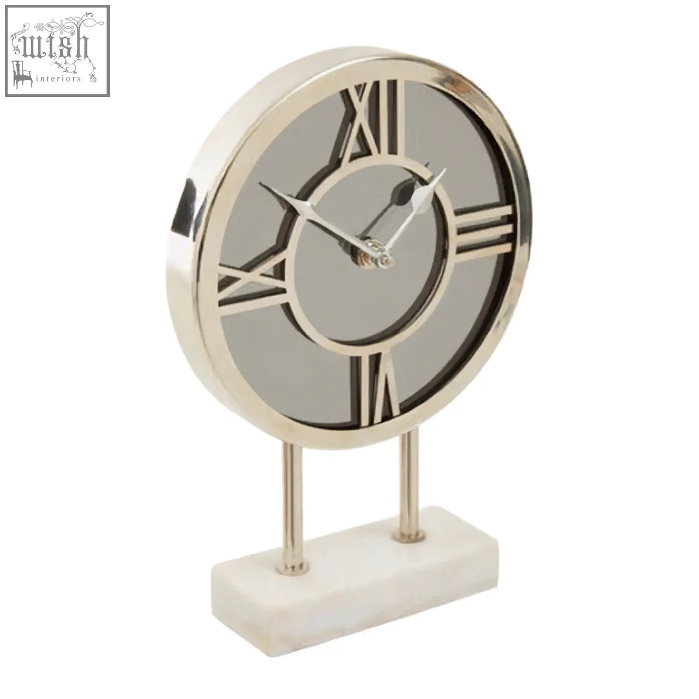 Silver-toned clock with roman numerals and mirrored face on a white marble base for elegant decor with white marble base detail