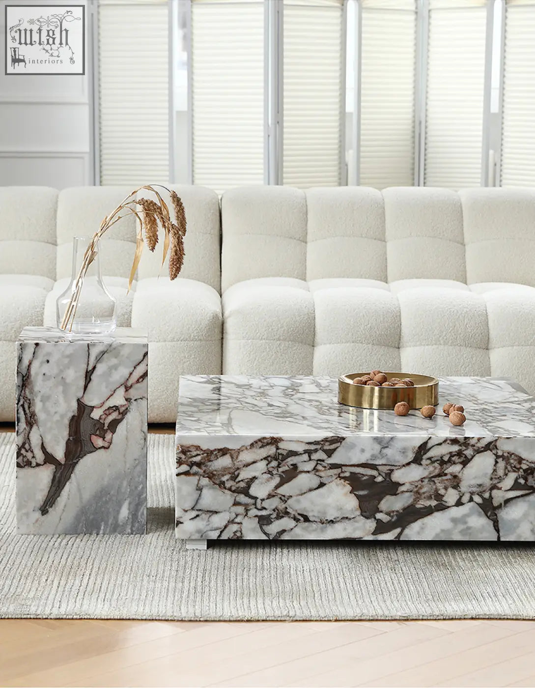 Matteo square coffee table with white and brown marble top featuring a sleek modern design perfect for any living room