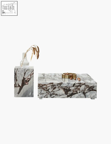Matteo square coffee table in white marble with gray and black veining perfect for a stylish square coffee setup