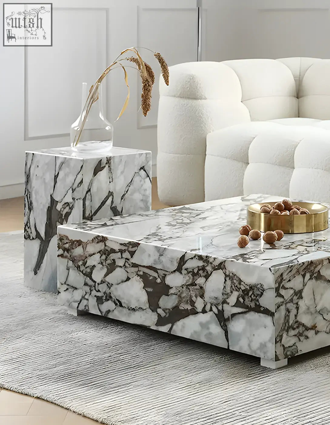 Matteo square coffee table with white and gray marble top featuring a bold natural stone pattern
