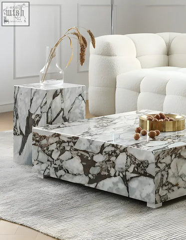 Matteo square coffee table with white and gray marble top featuring a bold natural stone pattern
