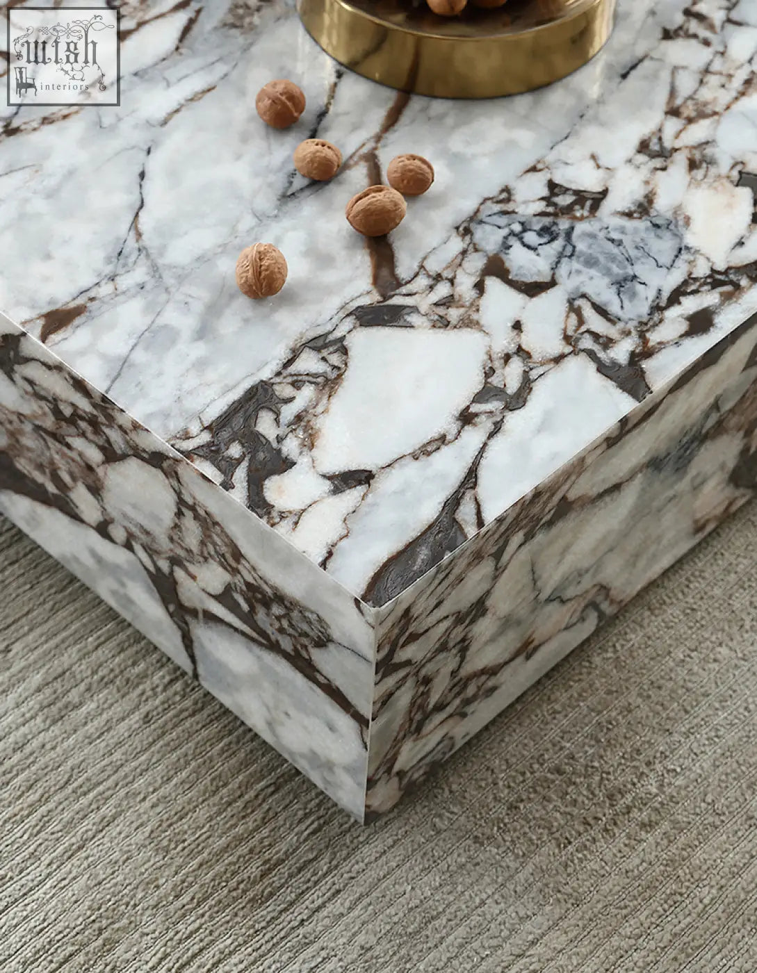 Matteo square coffee table with a polished white and brown marble top featuring natural veining perfect for any space