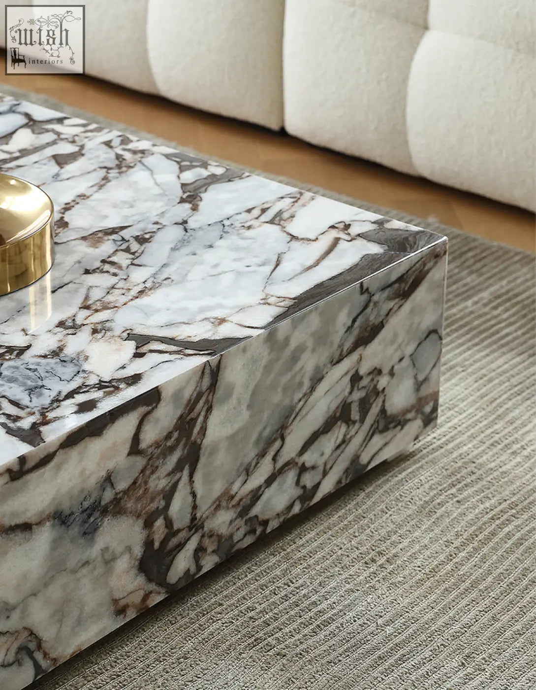Matteo square coffee table with a polished white and gray marble top featuring dark veining sleek design
