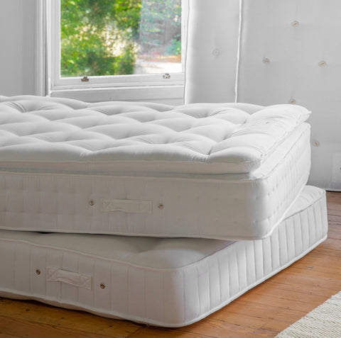 White quilted luxury pillow top mattress topper with tufted diamond pattern on a super king mattress