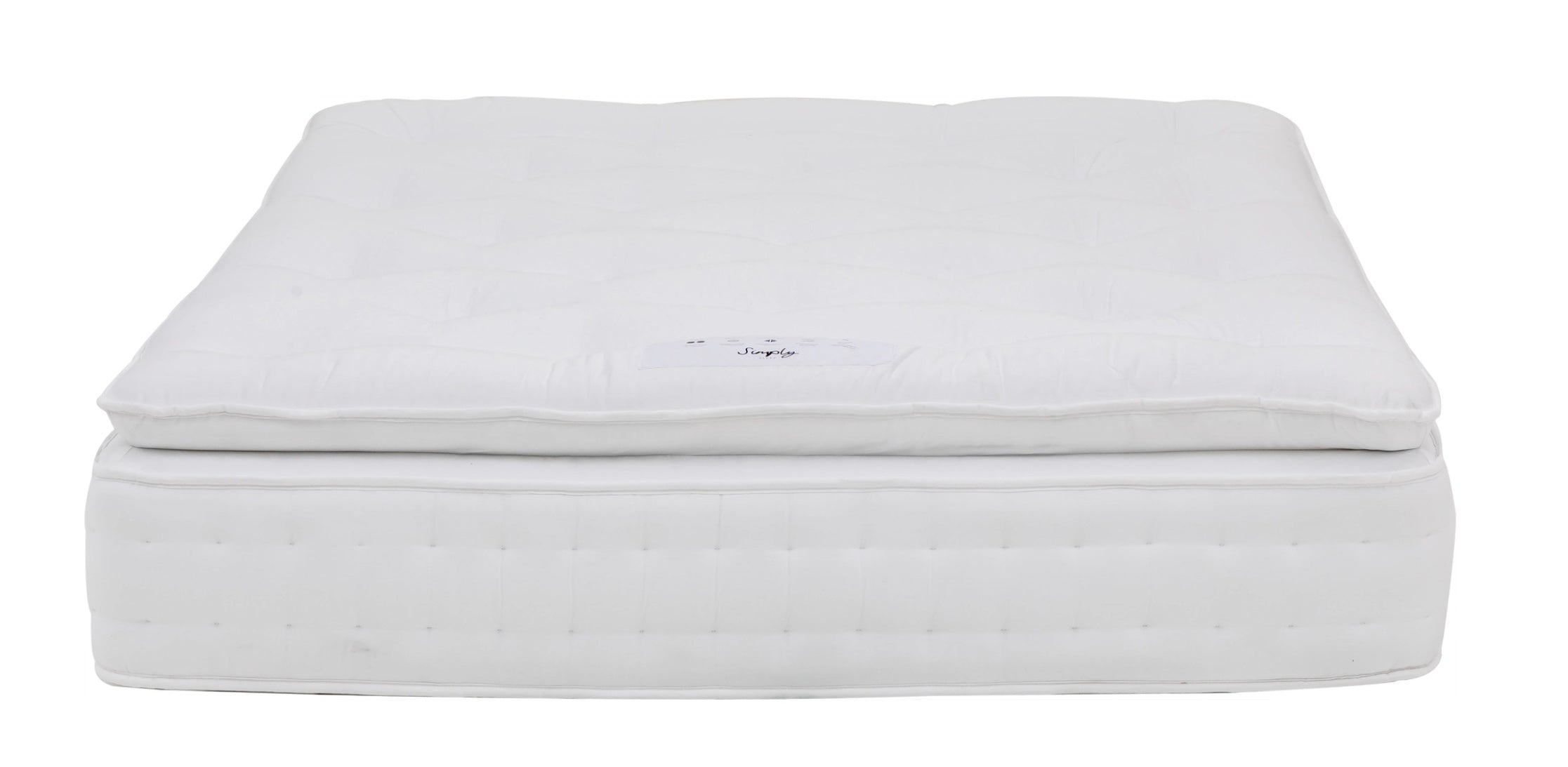 White upholstered super king mattress with luxury pillow top, tufted design, and subtle embroidered logo on top sheet