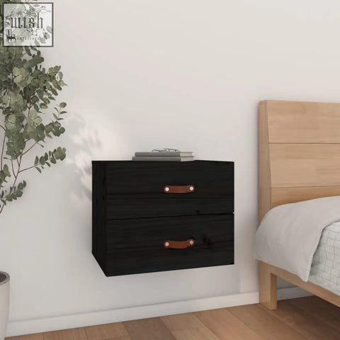 Black floating bedside cabinet mavren pinewood 50cm with two drawers and brown leather pull handles made of solid pine wood