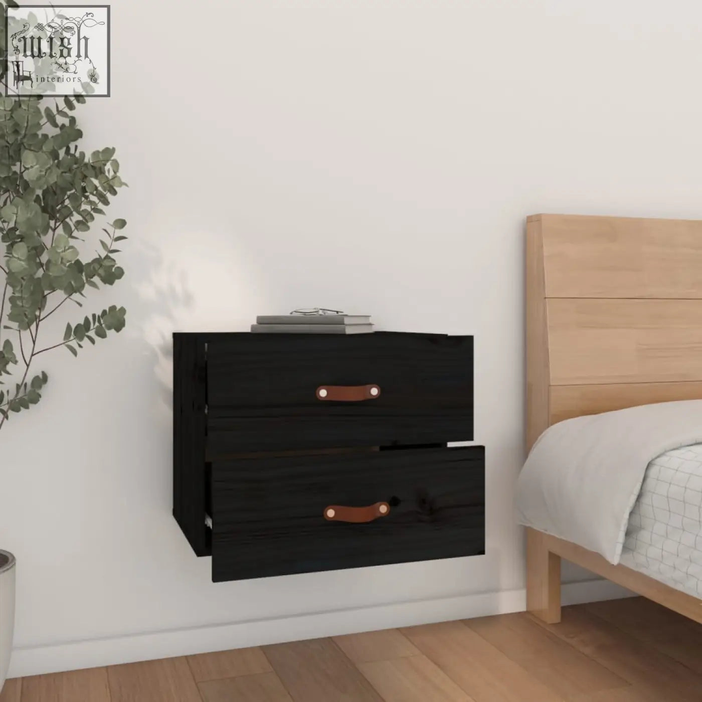 Black floating bedside cabinet mavren pinewood 50cm with two drawers and brown leather pull handles made of solid pine wood