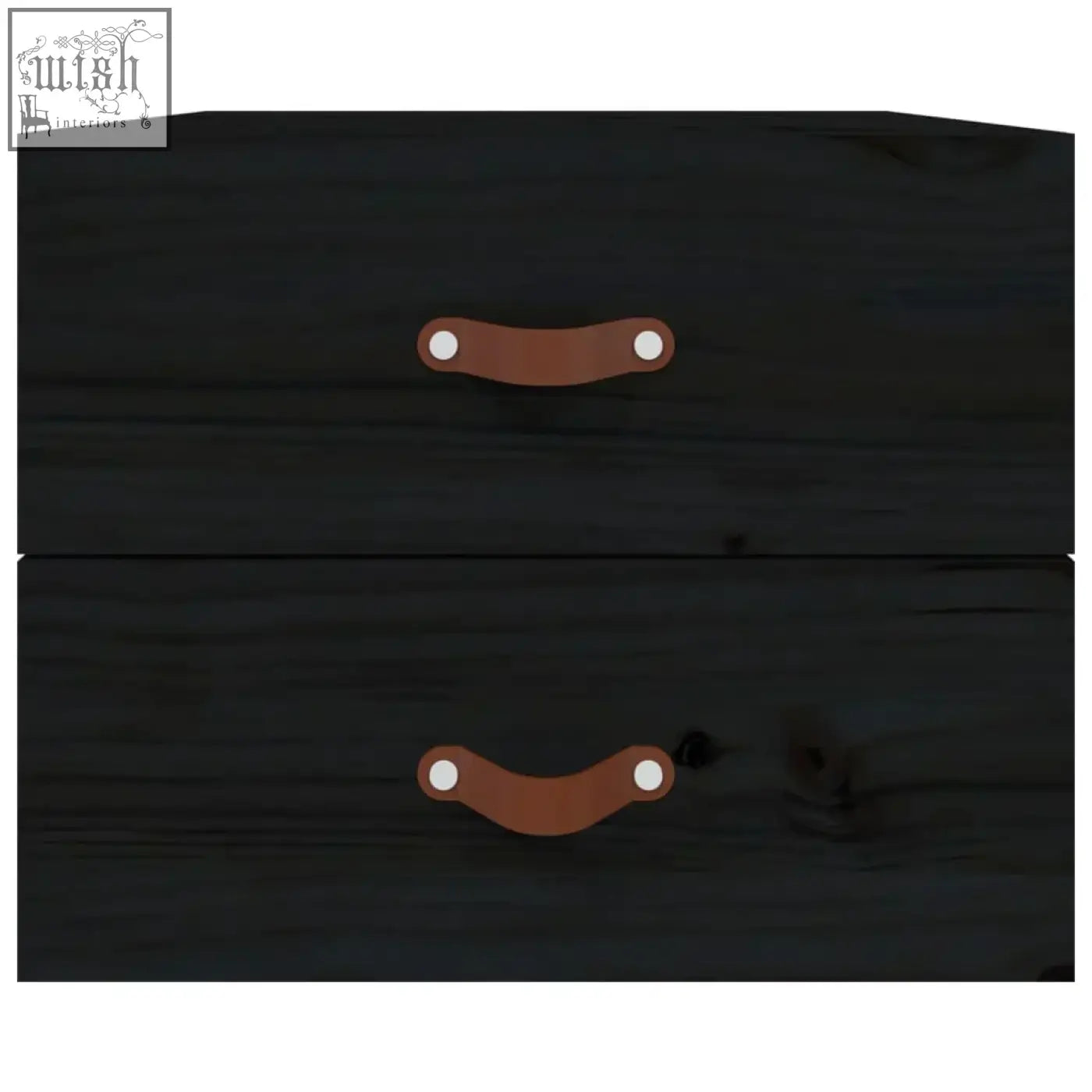 Black solid pine wood mavren pinewood 50cm bedside cabinet with two drawers and brown leather pull handles