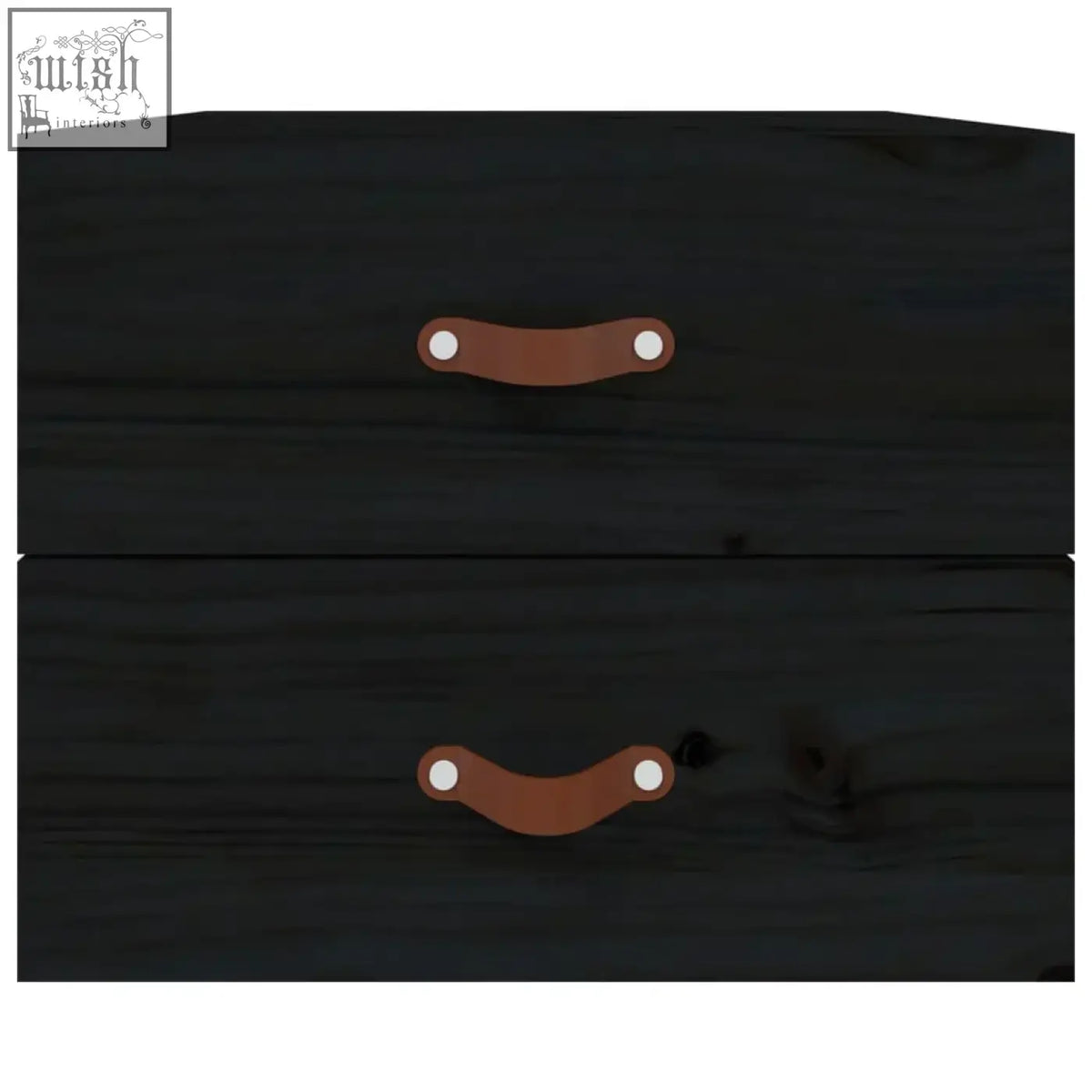 Black solid pine wood mavren pinewood 50cm bedside cabinet with two drawers and brown leather pull handles