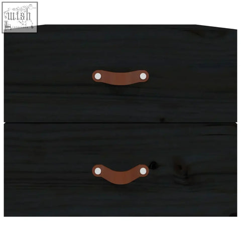 Black solid pine wood mavren pinewood 50cm bedside cabinet with two drawers and brown leather pull handles