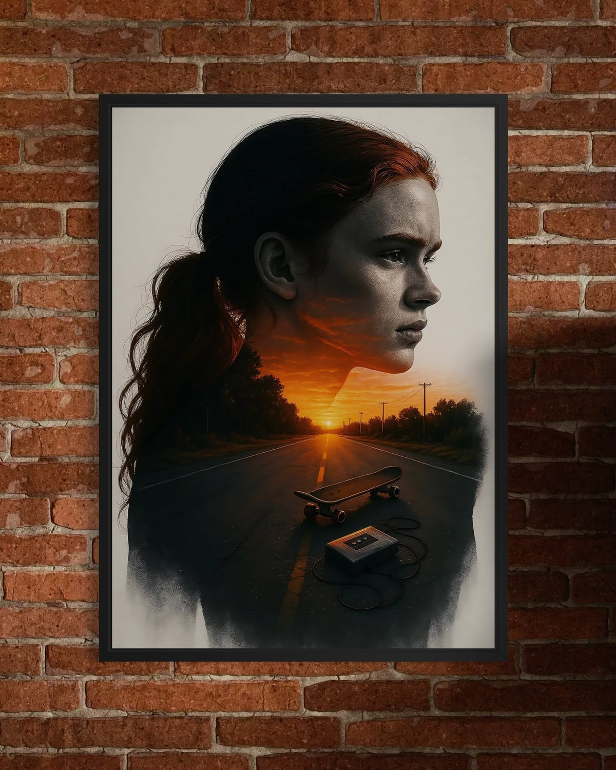 A stranger things poster featuring max with an orange sunset, road scene, skateboard, and cassette player in a framed art print