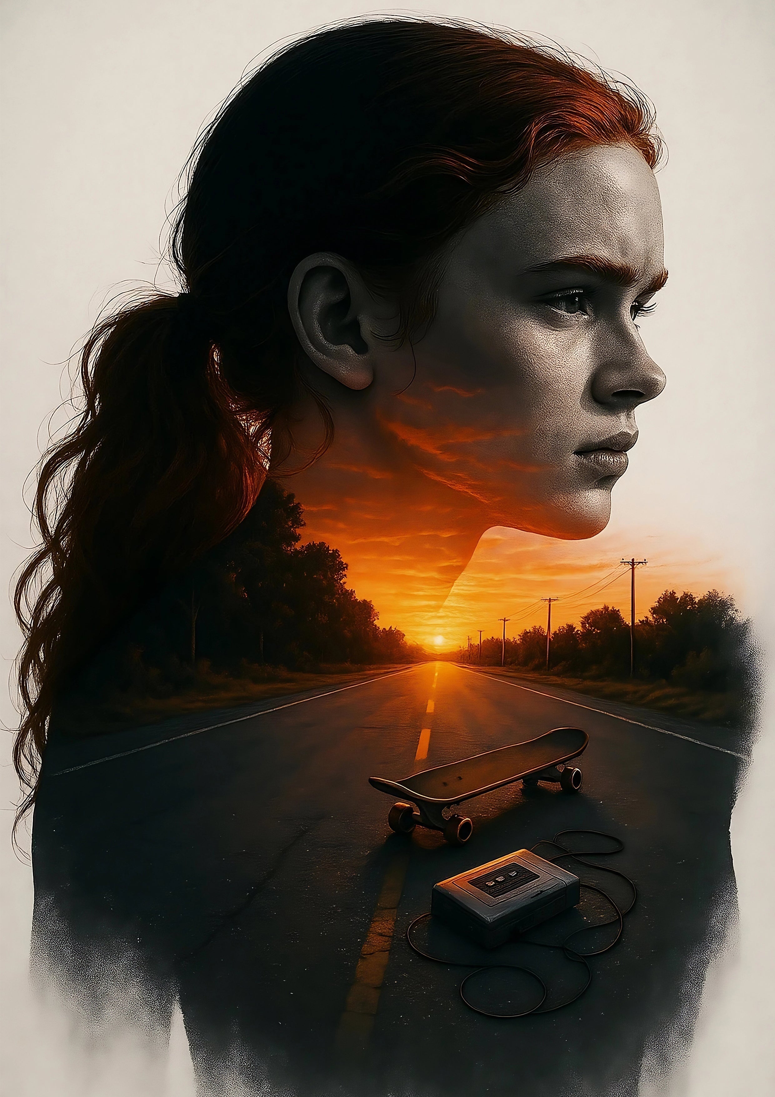 A vintage black cassette player with coiled wires on a road at sunset for a stranger things poster design